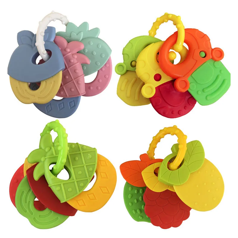 

Baby Fruit Style Soft Rubber Rattle Teether Toy Newborn Chews Food Grade Silicone Teethers Infant Training Bed Toy Chew Toys Kid