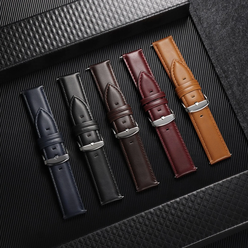 Elegant Genuine Cowhide Leather Watch Straps - Retro Black, Brown, Red, Blue
