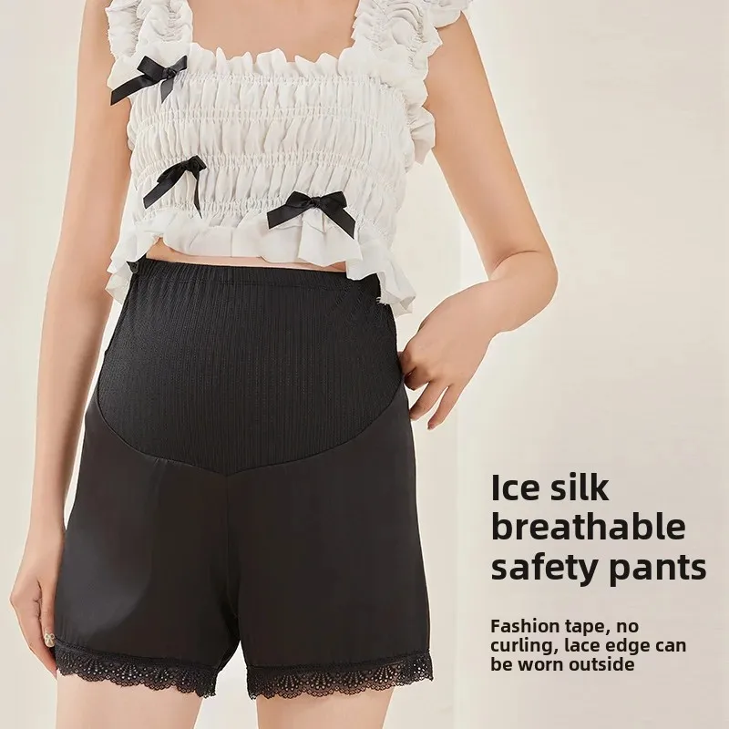 Maternity Base Layer Pants Three-Quarter Length Short Shorts Thin Summer Cool Feeling Floral Edge Safety Pants for Pregnant Wome