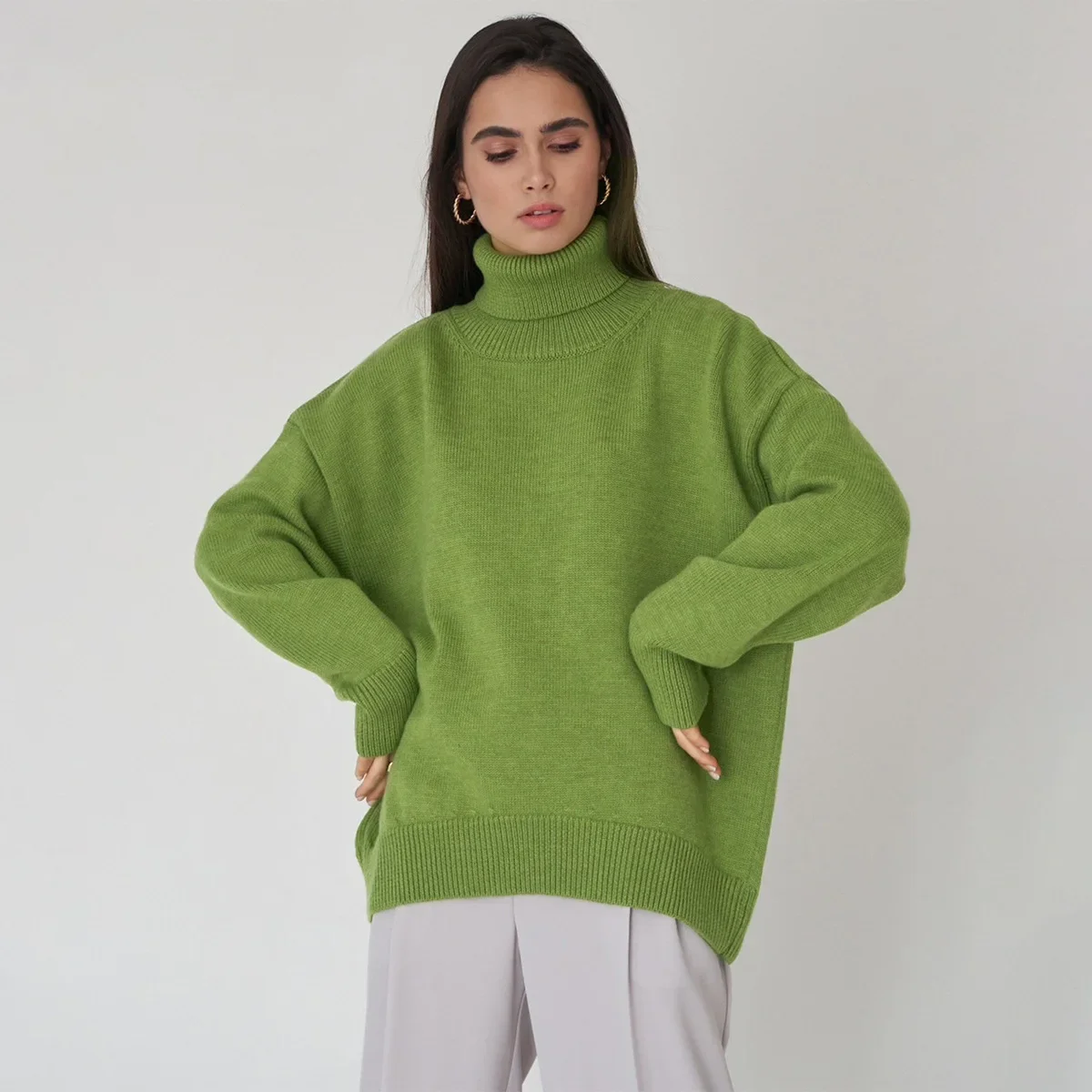 

Loose knit sweater high-necked pullover solid color 2023 European and American autumn and winter ins Amazon women's sweater