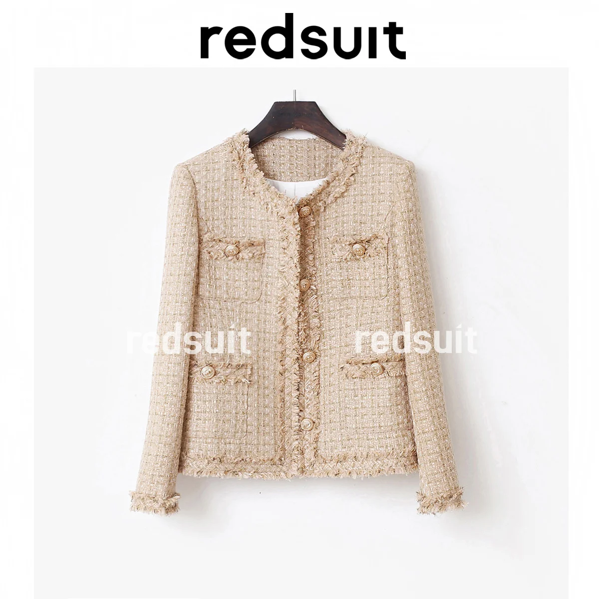 

Light Luxury Fashion Celebrity Plaid Small Fragrant Coat Thick Tweed Woven Khaki Gold Top New Style