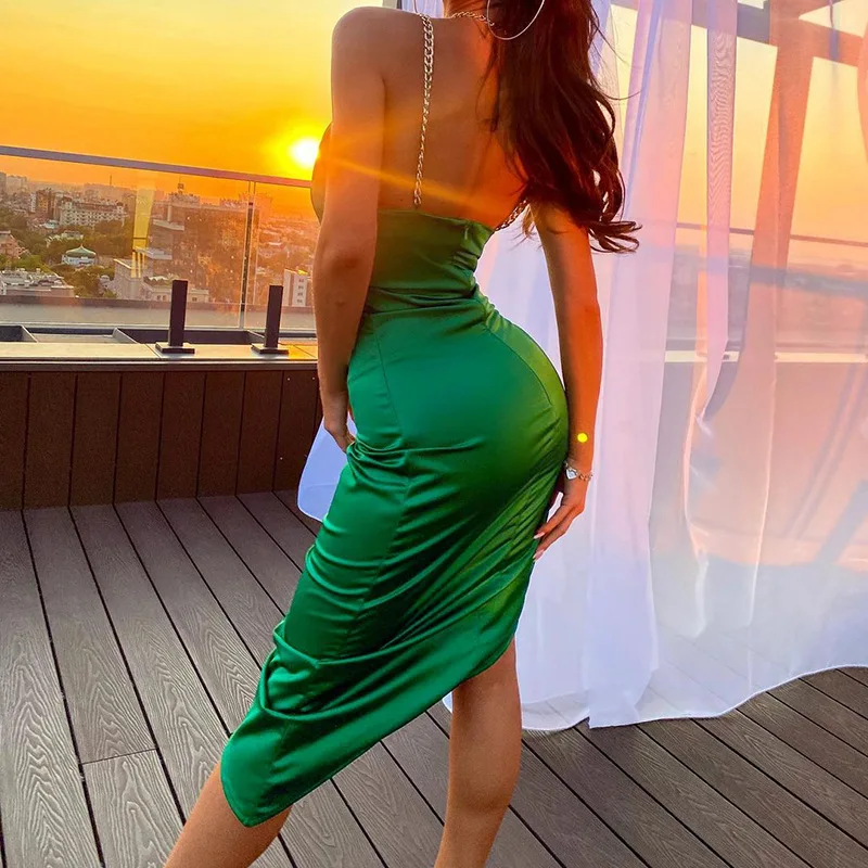 Spaghetti Strap Bodycon Satin Midi Dress Women Sexy Backless Drawstring Party Evening Slip Dresses 2022 Summer Ladies Clothing zara dresses