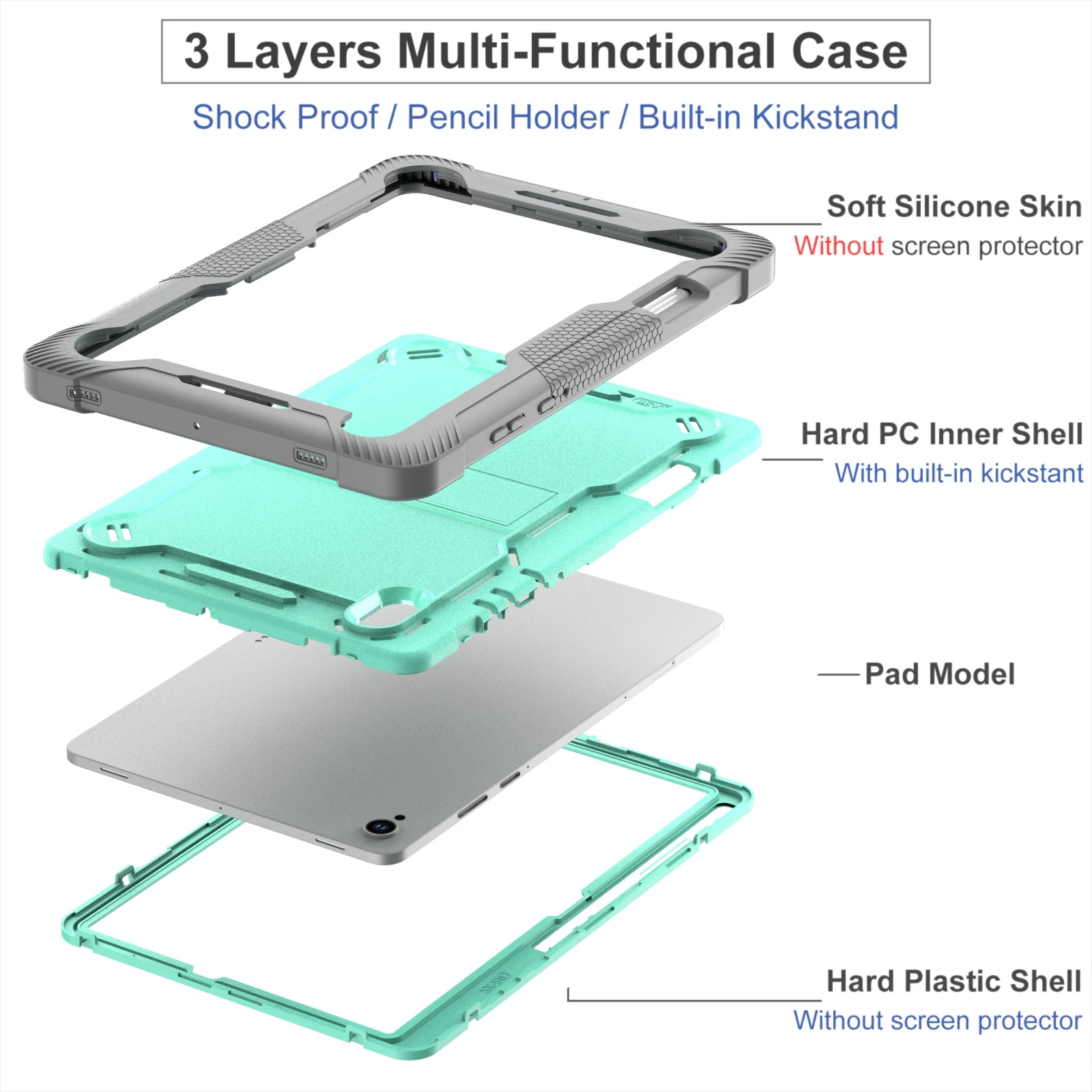 Rugged 3-in-1 Anti-Drop Tablet Case with Kickstand and Foldable Bracket Cover