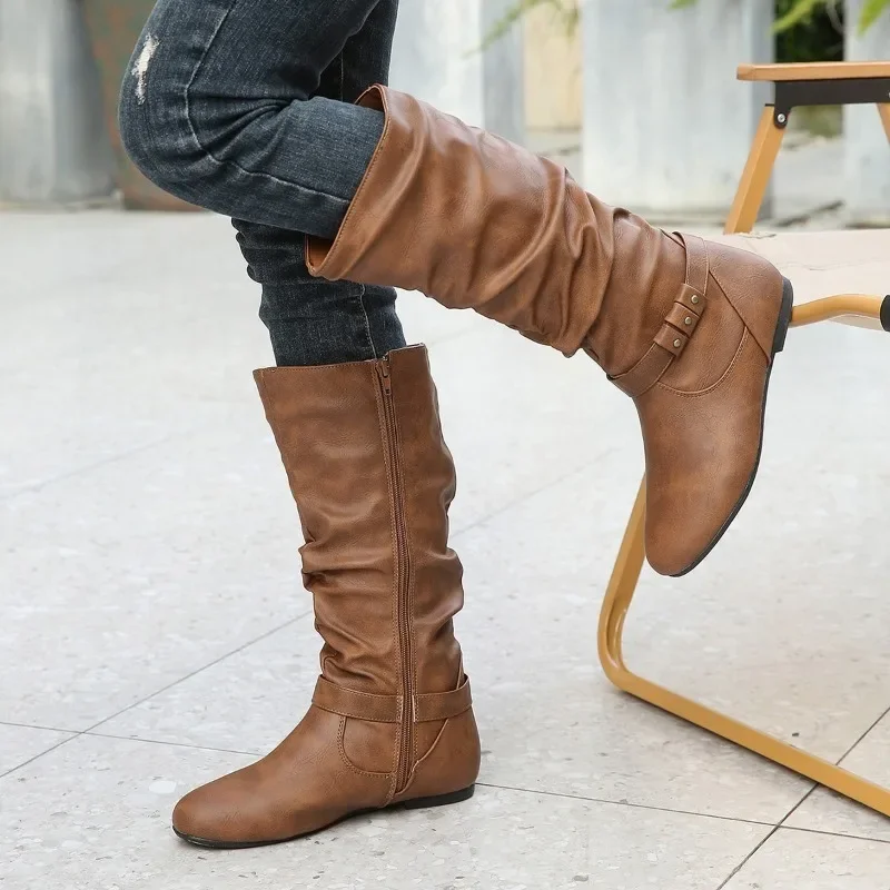 

Женские брендовые сапоги с пряжкой на ремешке, модные современные сапоги с боковой молнией, женские сапоги до колена на квадратном каблуке, лидер продаж 2023