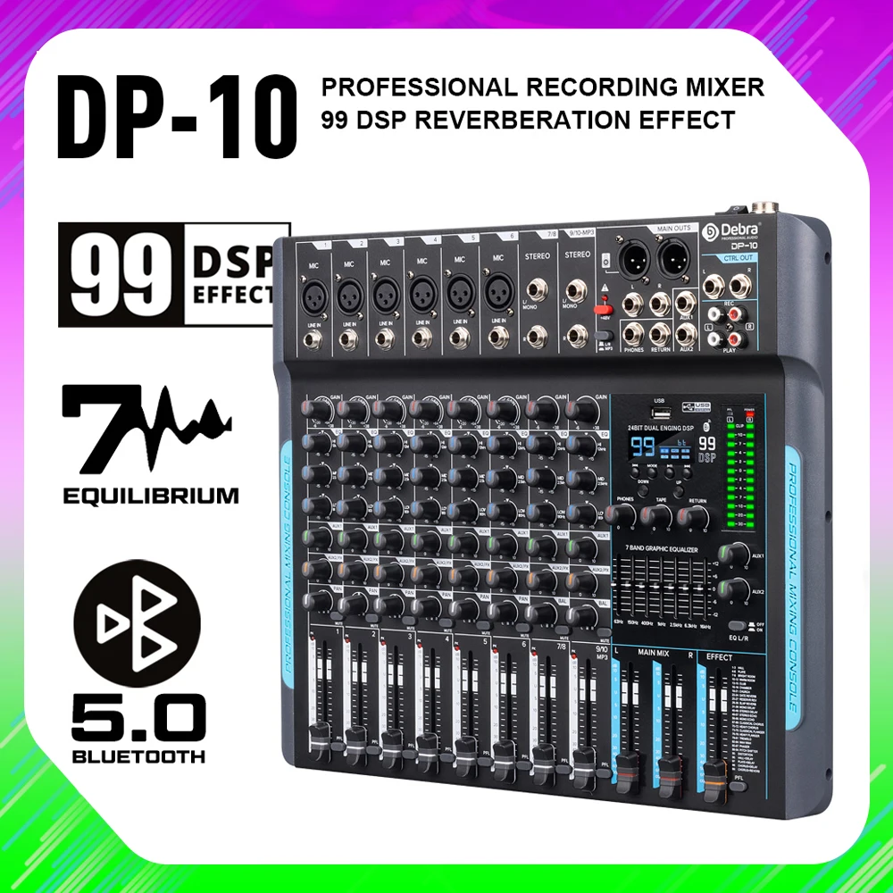 Audio Mixer 10 Channels Reverb Recording Mixing Bluetooth 5.0 Professional