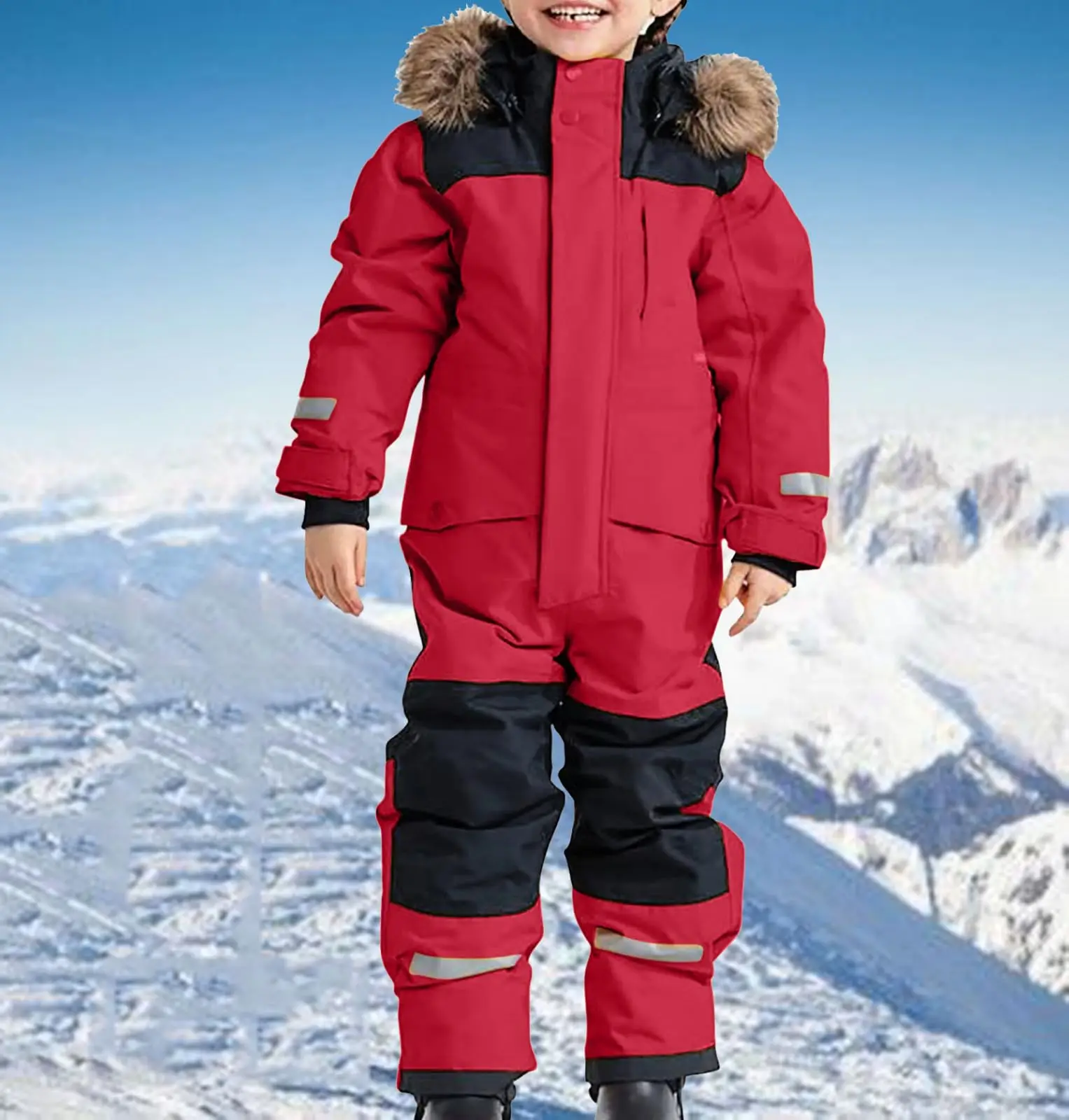 Kids One Piece Ski Suit Waterproof Windproof Snowsuit Tear-resistant Warm Coral Fleece Lining Winter Overalls For Boys Girls
