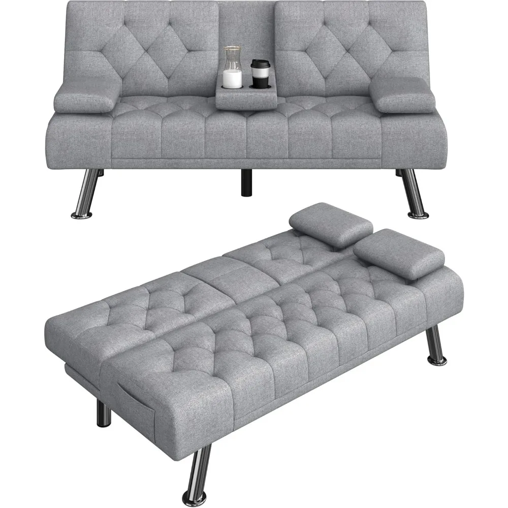 Futon Sofa Bed, Upholstered Convertible Folding Sleeper Sofa Bed with Removable Armrests, Modern Futon Couch for Living Room