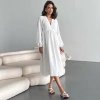 Muslin 100% Cotton Dresses Elegant Long Sleeve V-Neck High Waist Black White Midi Dress Women Robes Mori Girl Festival Clothing 2