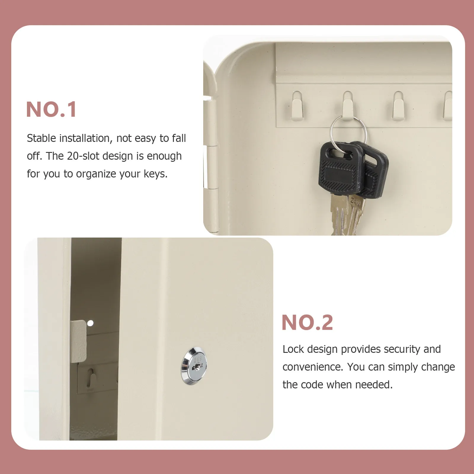 20 슬롯 벽걸이형 키 캐비닛 박스 잠금 홀더 정리함 보안 보관 케이스 연철 키 박스 가정용 브라운