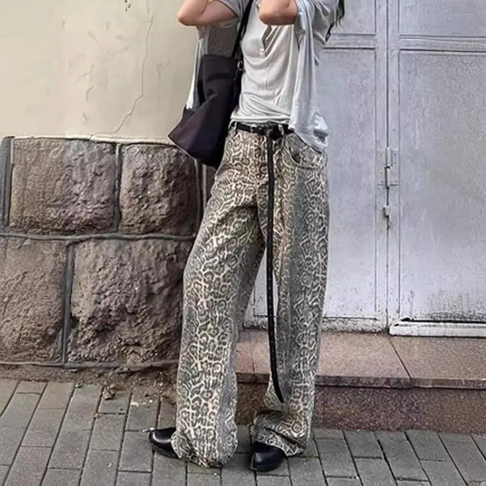 

Women Retro Baggy Leopard Print Jeans American Wide Leg Pants Loose Oversized Hip Hop Trousers High Waisted Boyfriend Jeans