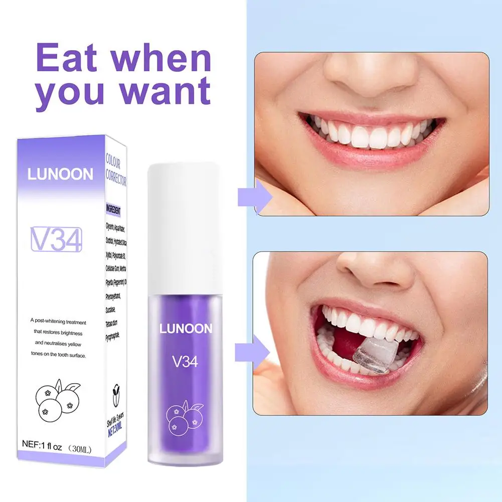 30ml Dental Remove Plaque Stains Care Toothpaste Tooth Purple V34 Color Corrector Teeth Whitening Serum For Toothpaste hismile v34 teeth color corrector whitening purple 1 53 fl oz 30ml）