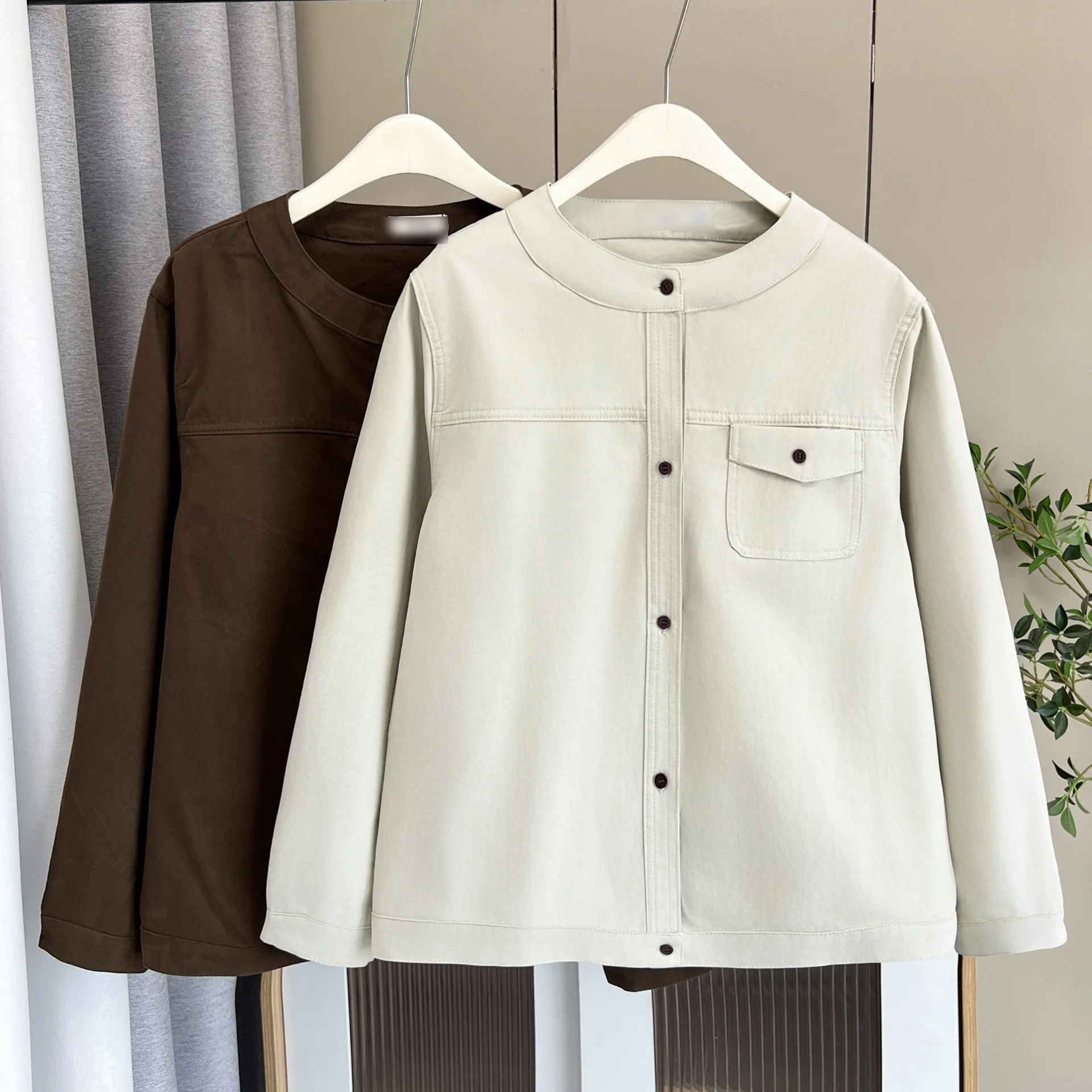 Fashion Plus Size Women's Jacket Autumn Stylish Stand Collar Long Sleeve Washed Cotton Temperament Commuting Coat 2173