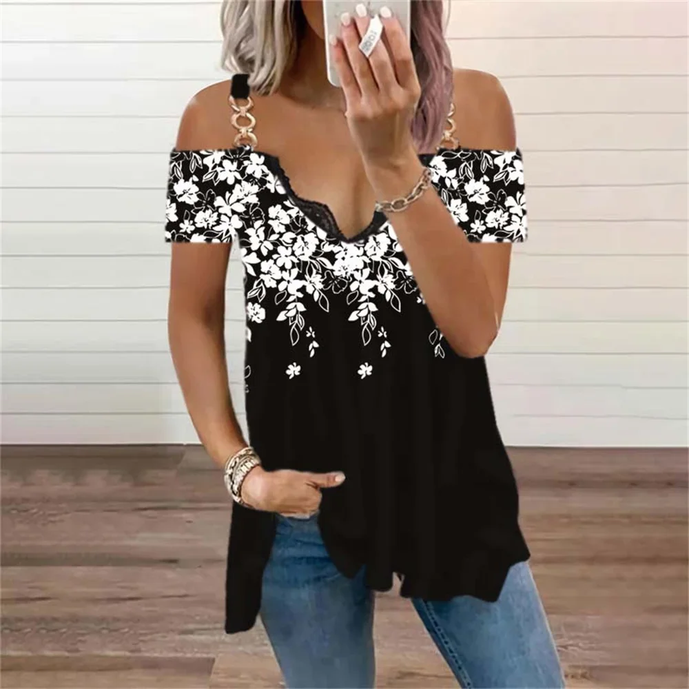 

Summer Floral Print Casual T Shirt Women Short Sleeve Off-Shoulder Lace V-Neck Female Pullovers Overized Loose Tops Street Tees