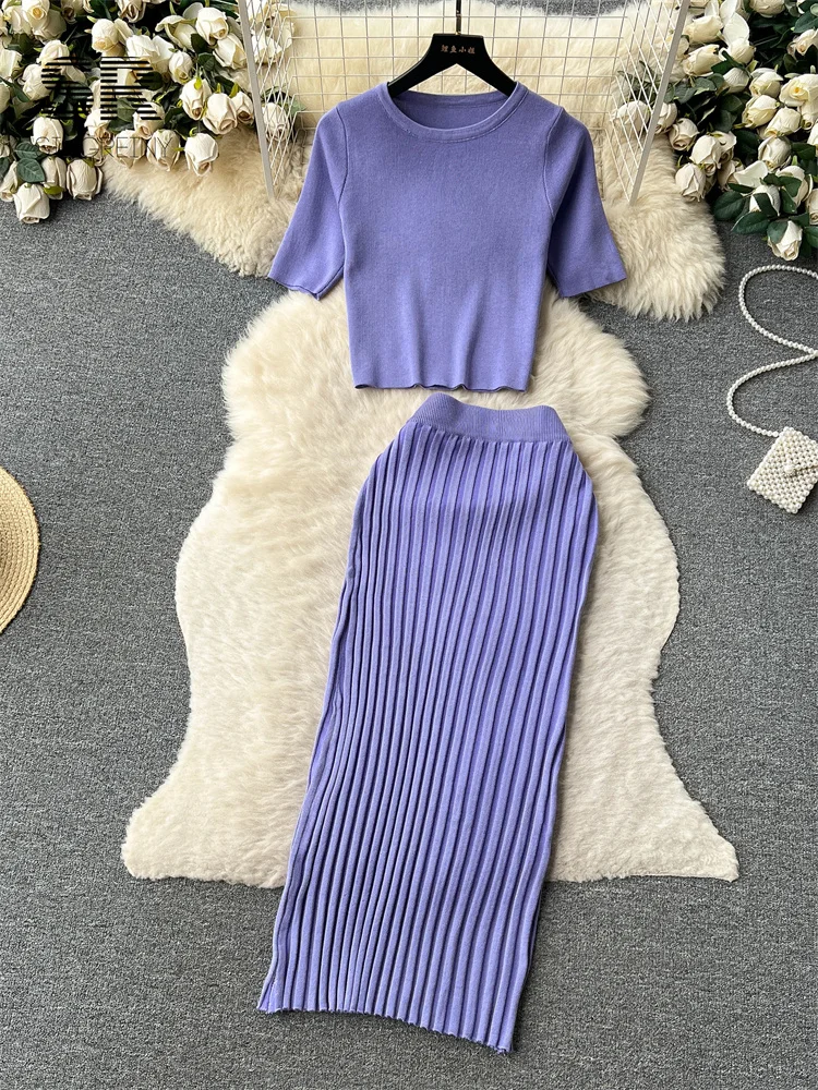 SINGREINY Casual Two Piece Sets Women Summer O Neck Top Elastic Waist Long Skirt Fashion Office Lady Korean Knit Suit - Image 3
