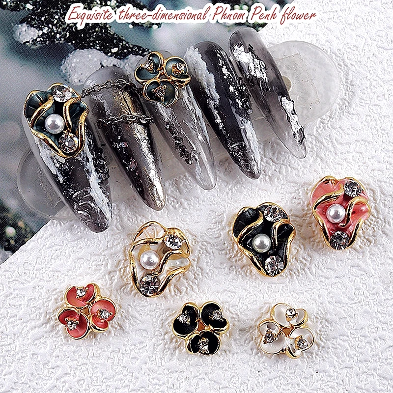 

5PCS Luxury Alloy Flower Nail Art Charms Parts Rhinestone Pearls Jewelry Parts Accessories Nails Decoration Suppleis Materials