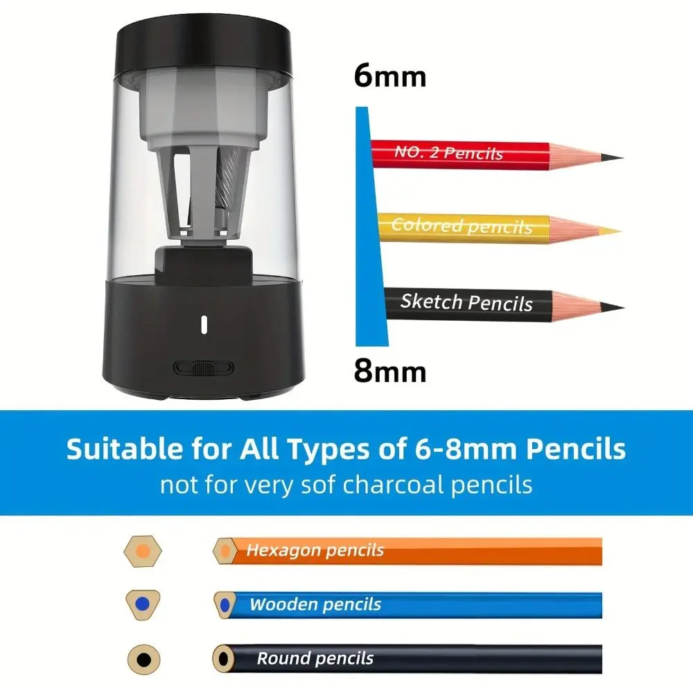 충전식 전기 연필깎이, 빠른 샤프닝, 휴대용 귀여운 자동 샤프너, 자동 정지, 6mm-8mm 나무 연필