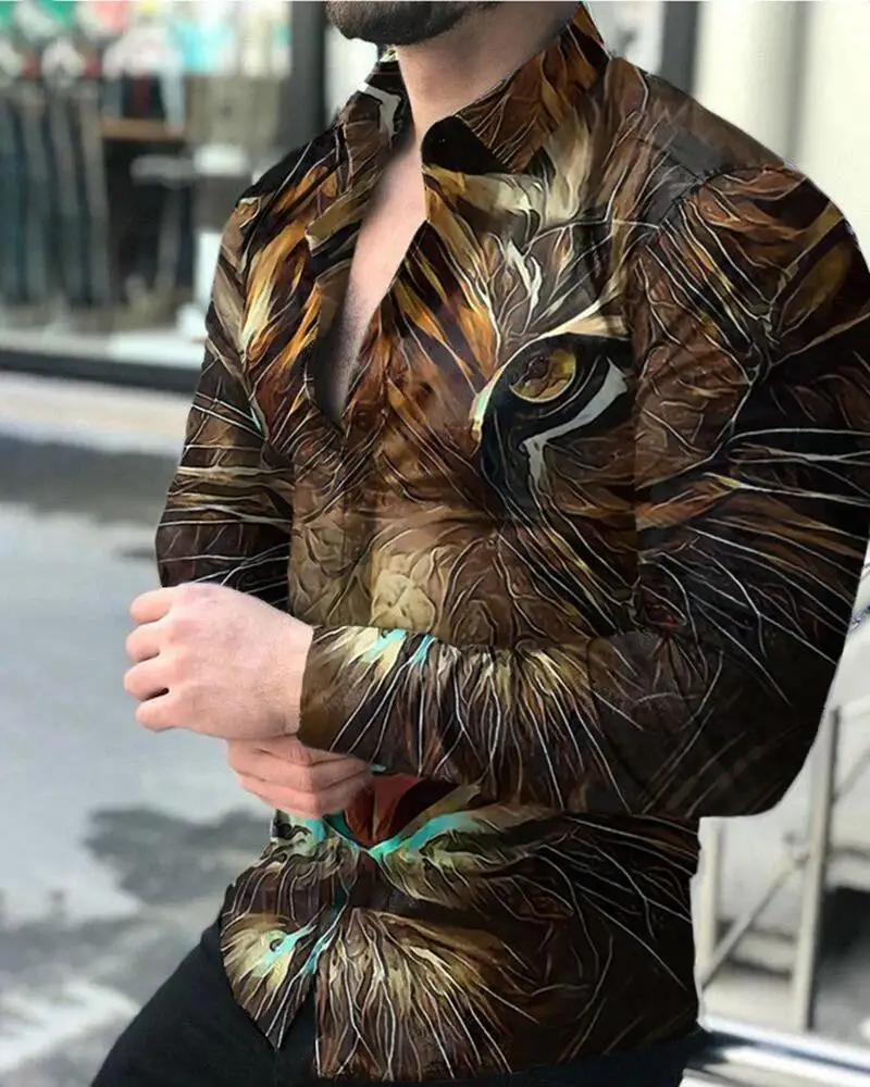 Men's new casual personality, fashionable and handsome long-sleeved color matching 3D digital printing shirt slim fit large shir