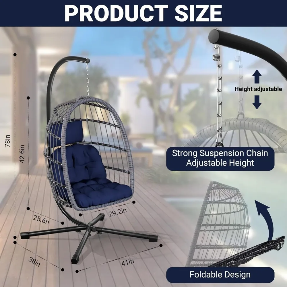 Patio Rattan Wicker Hanging Swing Egg Chair Hammock Chair for Porch Garden,Thickened Aluminum Alloy Steel Frame 4