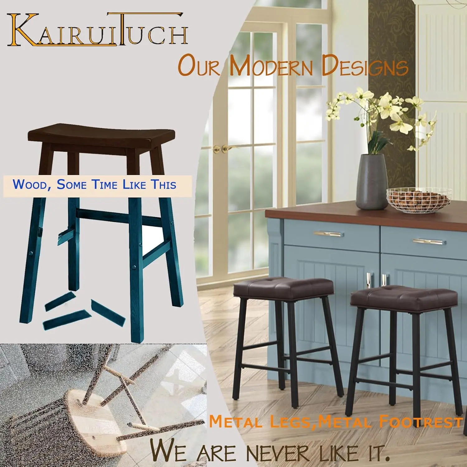 Bar Stools Set of 2 Kitchen Counter Height Saddle Bar Stools with Faux Leather Seat Padding Breakfast Kitchen Stools for Kitchen 4