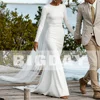 Elegant Mermaid Wedding Dresses Long Sleeve O-Neck Open Back Simple Button Satin Bridal Gown Train Vestidos De Noiva Customized 5