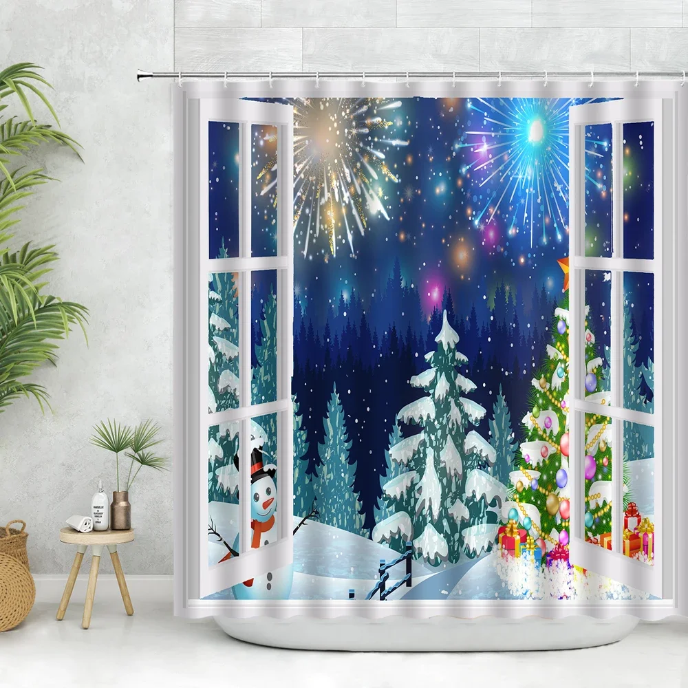

Рождественская занавеска для душа, 3D окно, Рождественская елка, растение, снеговик, зимний праздничный декор, Настенная ткань, комплект подвесных штор для ванной комнаты