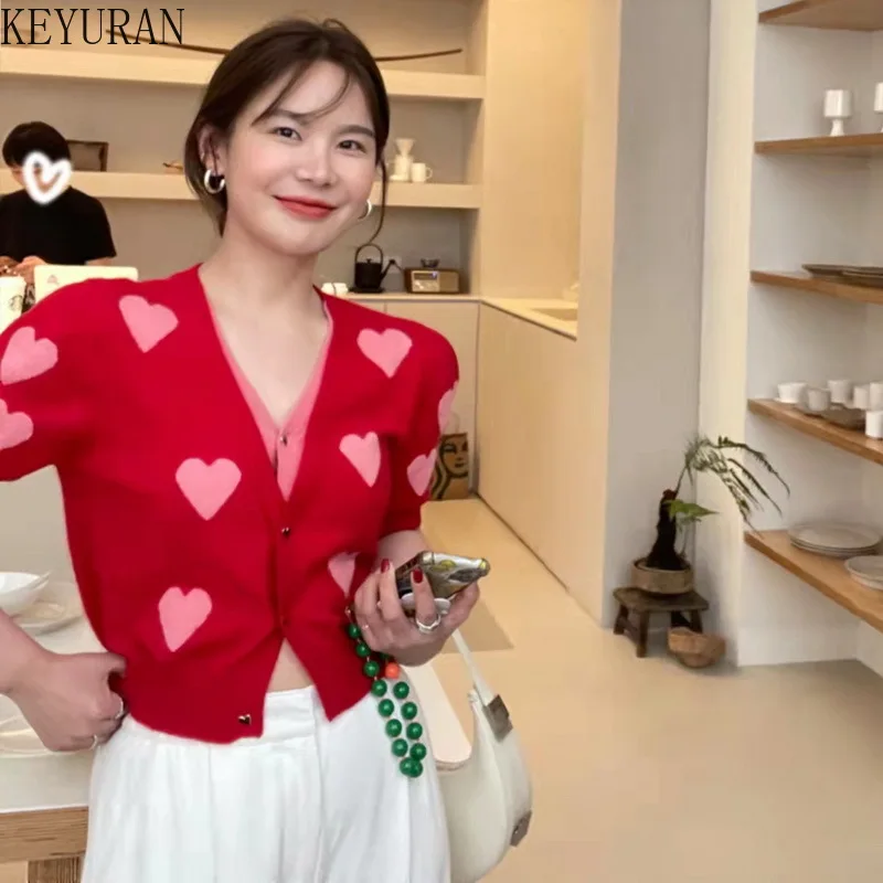 레드 페이크 투 러브 하트 브이넥 반팔 가디건 여성용 니트 얇은 스웨터, 2022 봄 가을 여성 가디건, 여성용 점퍼