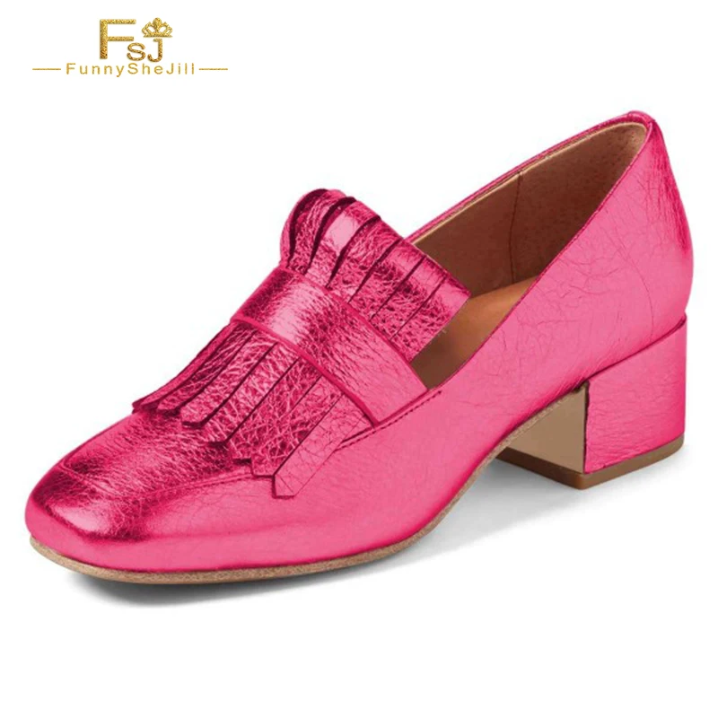 

Hot Pink Square Toe High Chunky Heels Fringe Loafers For Women Spring Dress Office Mature Ladies Slip On Large Size 12 13 Shoes
