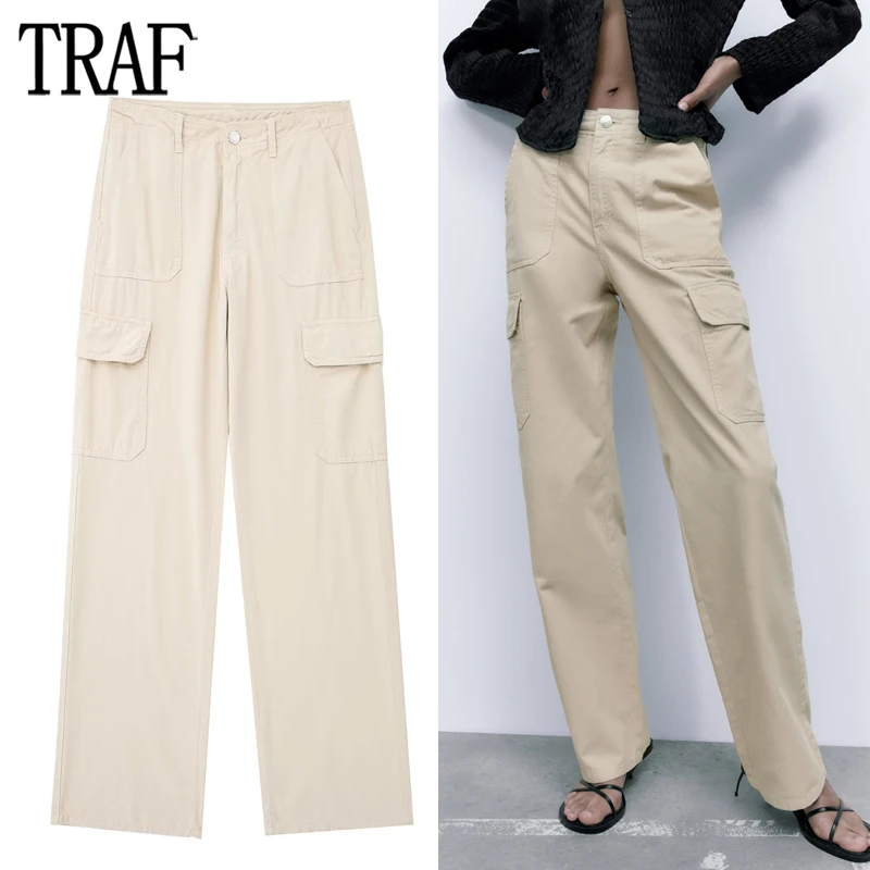 TRAF-pantalones Cargo Beige para mujer, pantalón holgado de cintura alta,  de pierna recta, ropa de calle informal Y2K, de verano - AliExpress