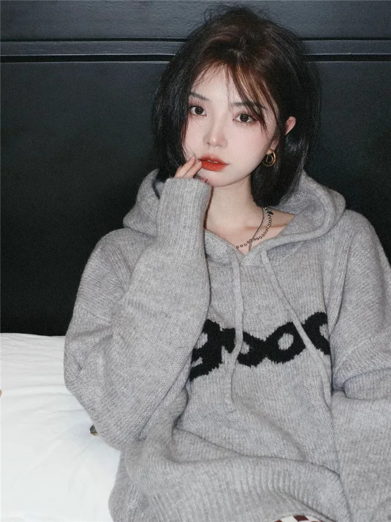 Oversized Sweater Women Harajuku Hooded Pullover Lady Vintage Fashion Knitted Hoodies Female Korean Loose Letter Print Sweaters