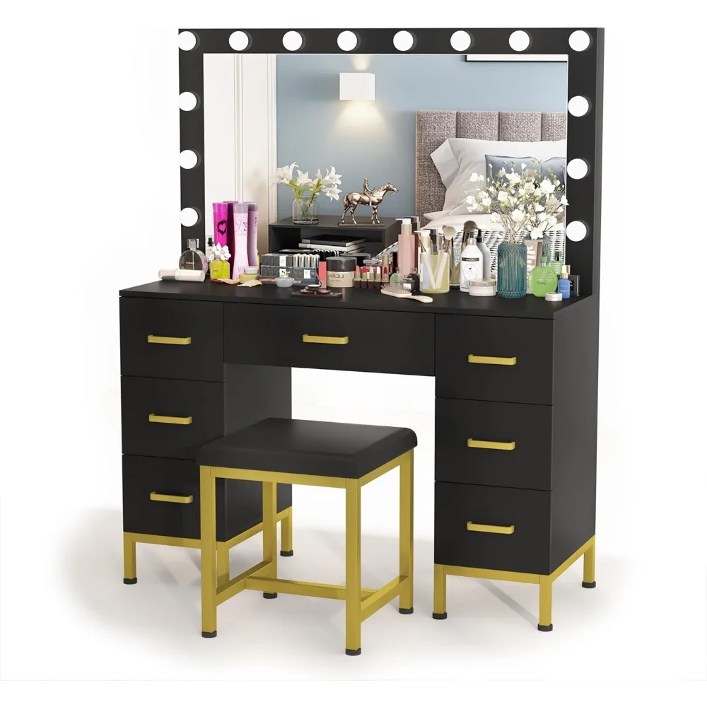Vanity Set with Lighted Mirror, Dressing Table Makeup Vanity14PCS LED Bulbs, Cushioned Stool & 7 Drawers, Large 44" Black Vanity