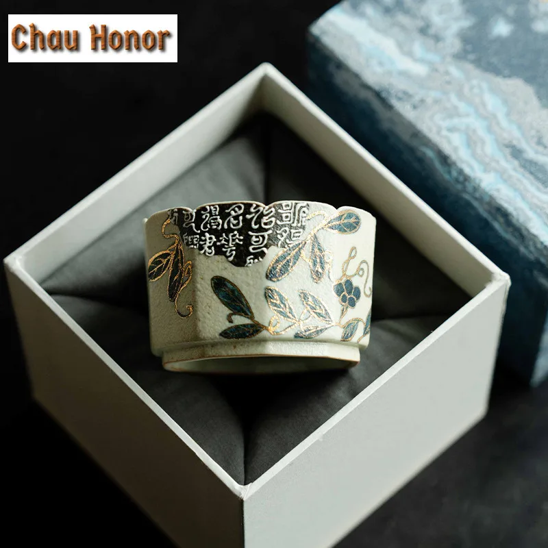 100ML Blue And White Flint Red Teacup Handmade Gold Drawing Branch Lotus Tea Bowl Cup Tea Smelling Cup Coffee Mug Tea Ceremony