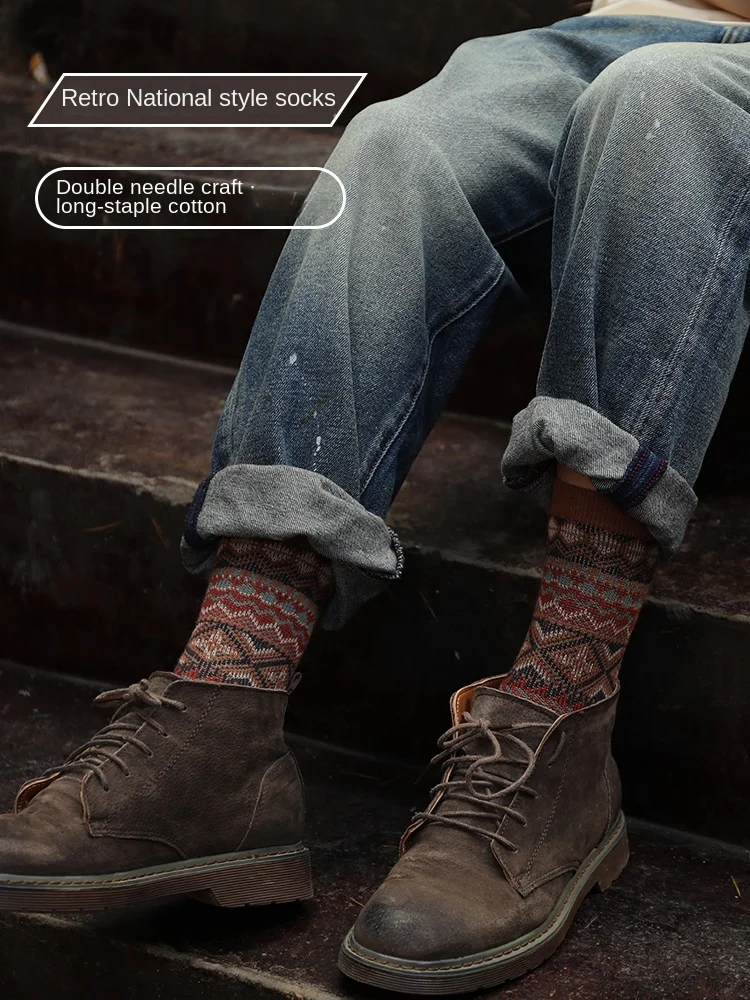 Socks Men's Autumn Winter Retro Ethnic Style Cotton Socks Long Tube Men's Stockings Socks Men Warm Rhombus Common Style