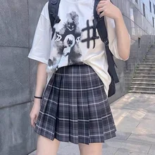 

HOUZHOU Kawaii Plaid Skirt Women Harajuku Cute Black High-Waisted Pleated Mini Skirts for Girls Japanese School Uniform Summer