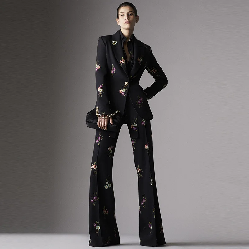 

Printed Suit for Women Tuxedos Wedding Party Business 2 Pieces Fashionable Elegant Flare Pants Set Lady Two Piece Set