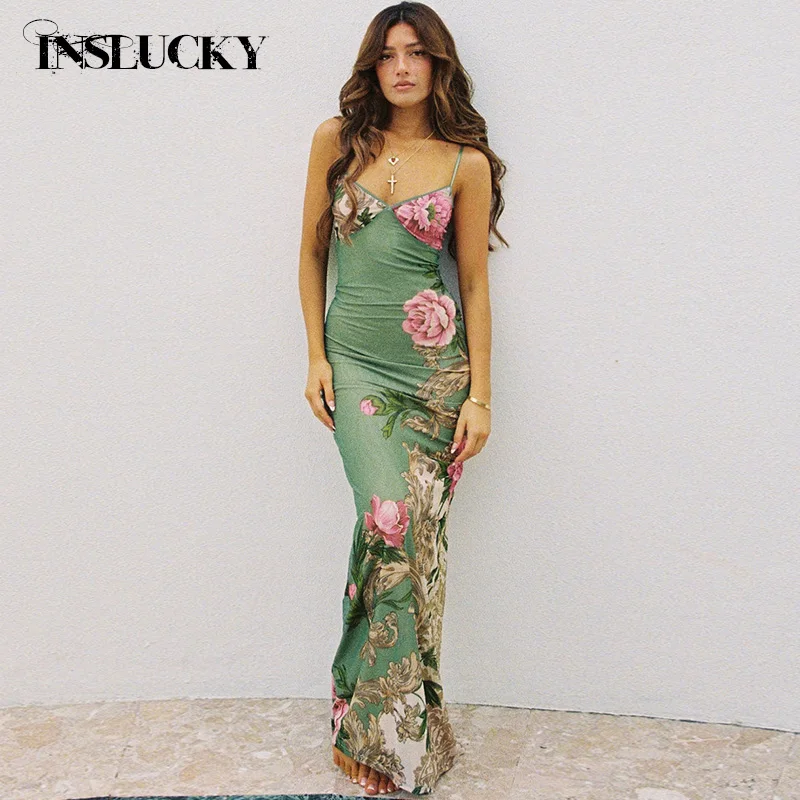 

InsLucky Retro Floral Print Resort Dress Women Spaghetti Strap Backless Slim Floor-Length Dresses Travel Party Evening Clothing