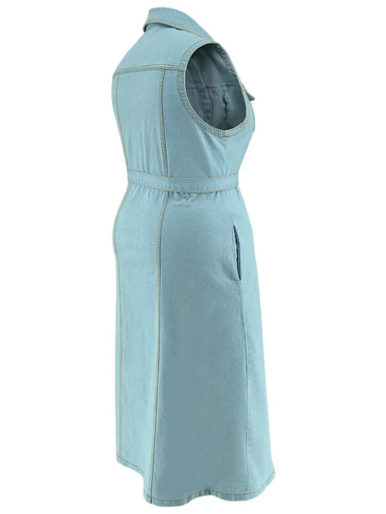 Wmstar Denim Plus Size Dresses for Women Summer 2024 Solid Button Elegant Shirts Maxi Dress Wholesale Dropshipping with Bandage