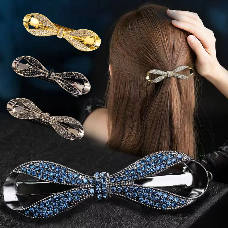 Korean Elegant Bow Crystal Spring Hair Clips Pins Hairpins Sweet Rhinestone Barrettes Hairgrips For Women Girls Hair Accessories