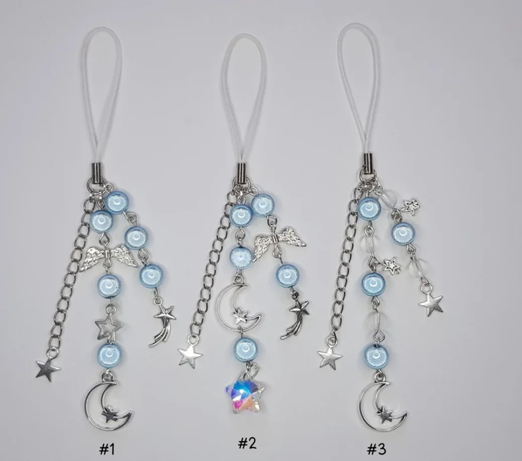 Baby Blue Star And Moon Phone Charm/Cinturino Per Telefono/Portachiavi-Accessorio Per Telefono Con Perline {Bearies} (Pastel Goth, Fairycore, Y2K, Kaw