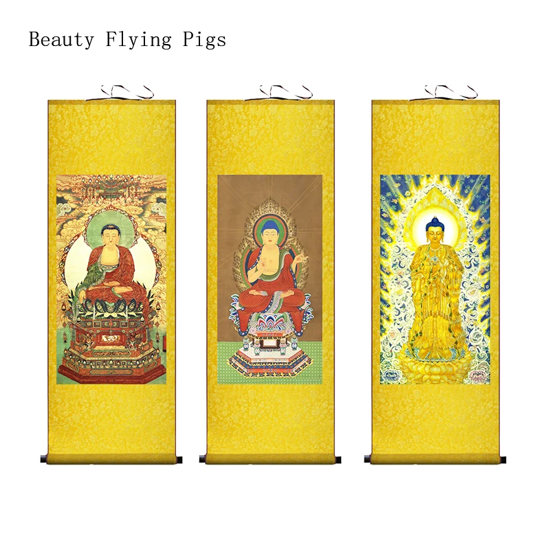

New Chinese style silk cloth Buddha statue, Buddha character portrait, silk painting scroll feng shui People feng shui