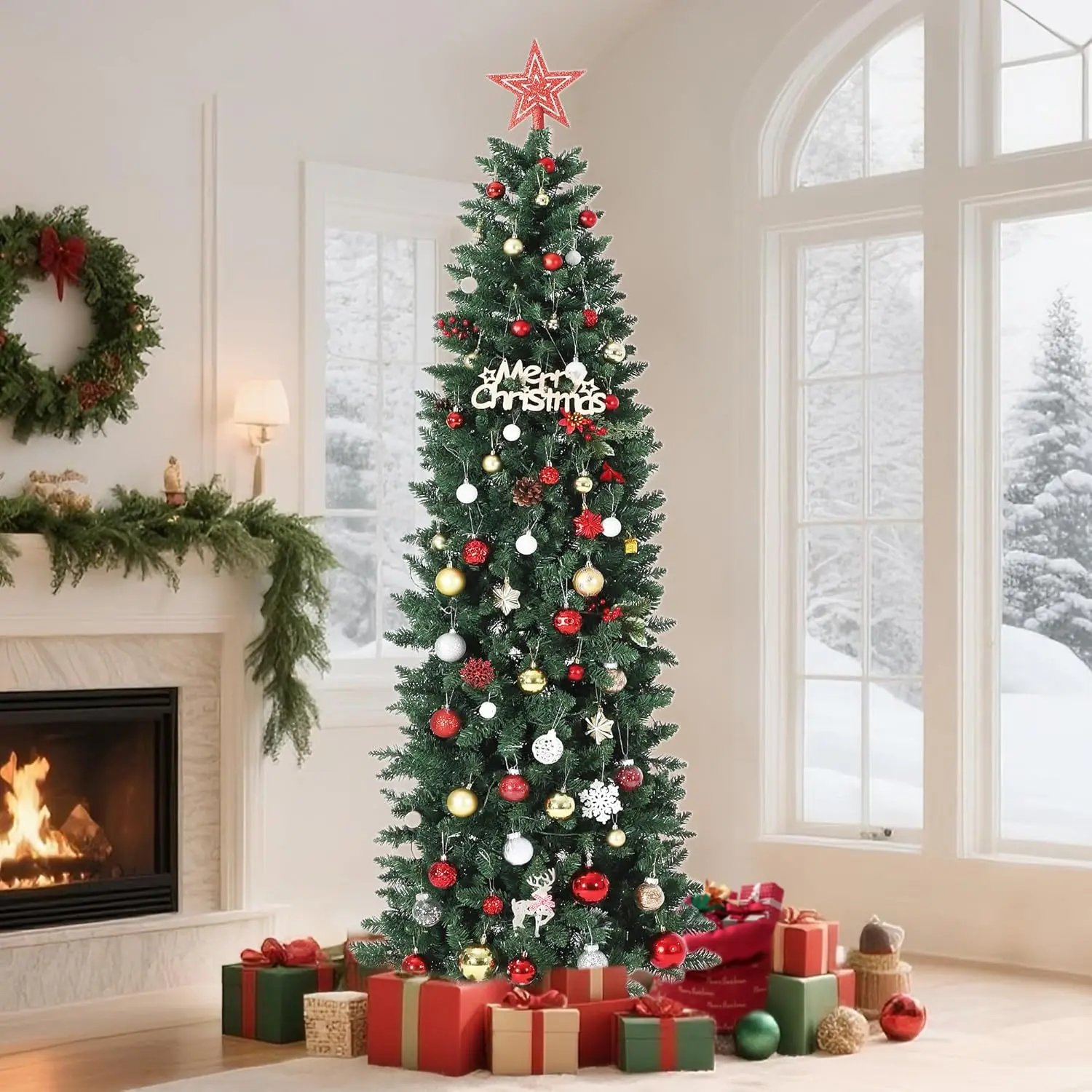 6/7.5/9/12FT Pre-Lit Pencil Slim Artificial Christmas Tree with LED Lights – Realistic Xmas Tree for Indoor & Outdoor Decor