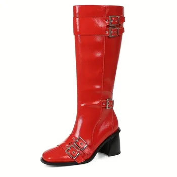 Raya Knee High Square Toe Chunky Heel Metal Buckle Strap Boots 4
