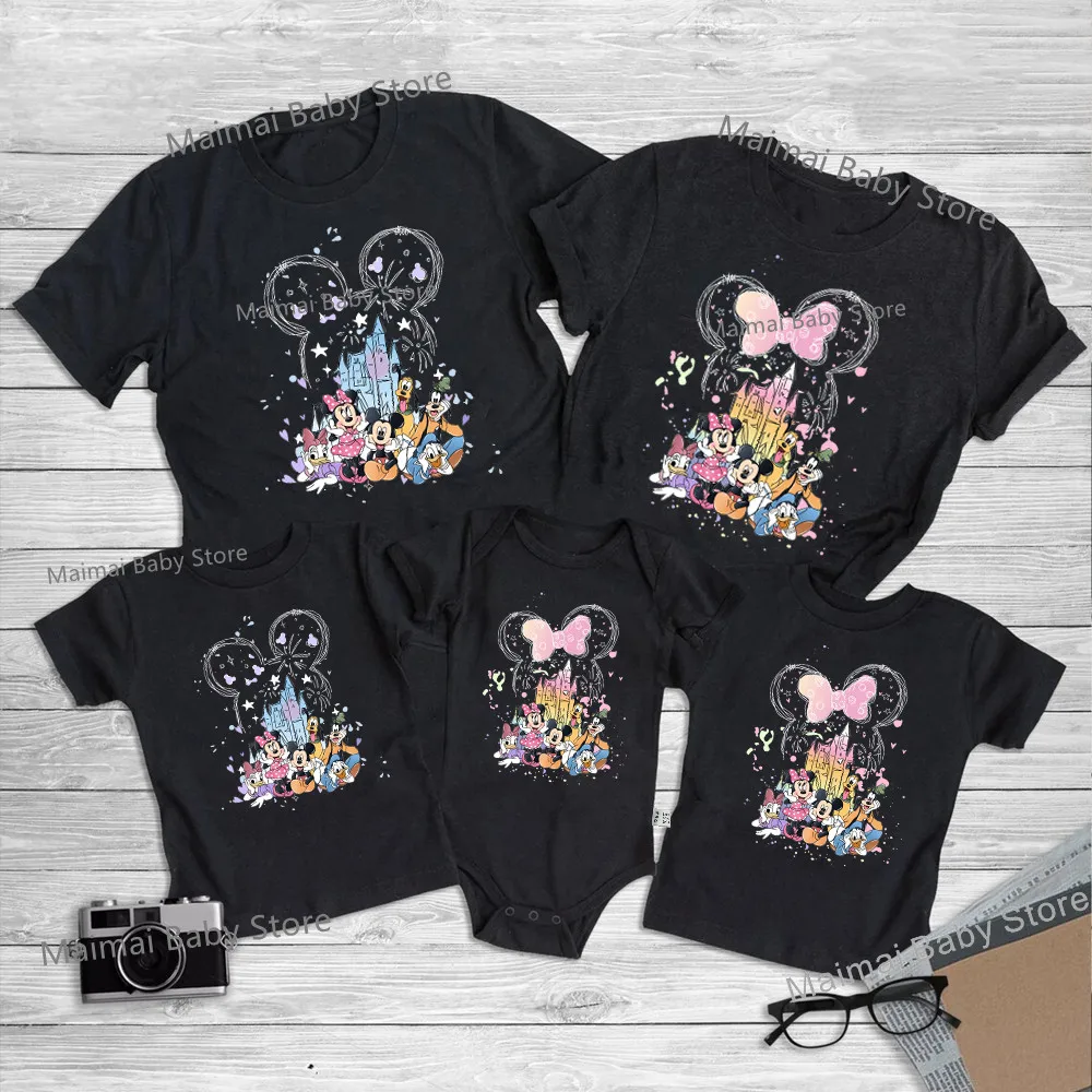 

Watercolor Castle Mickey Minnie Print Family Matching Shirts Funny Look Dad Mom Kids Tees Tops First Disneyland Trip Outfits