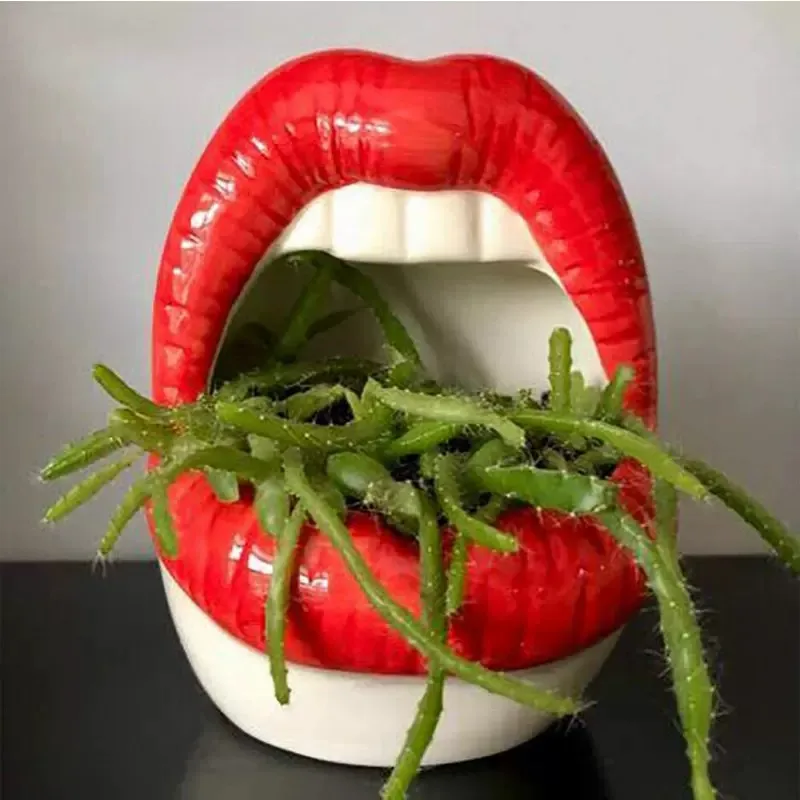 Teeth Ceramics Flowers Pots cigarettes ashtray ceramic ashtray Cute Lips Vase Green Planter Mini Ashtray China Personality Mouth Flower Vase Fashion Home D