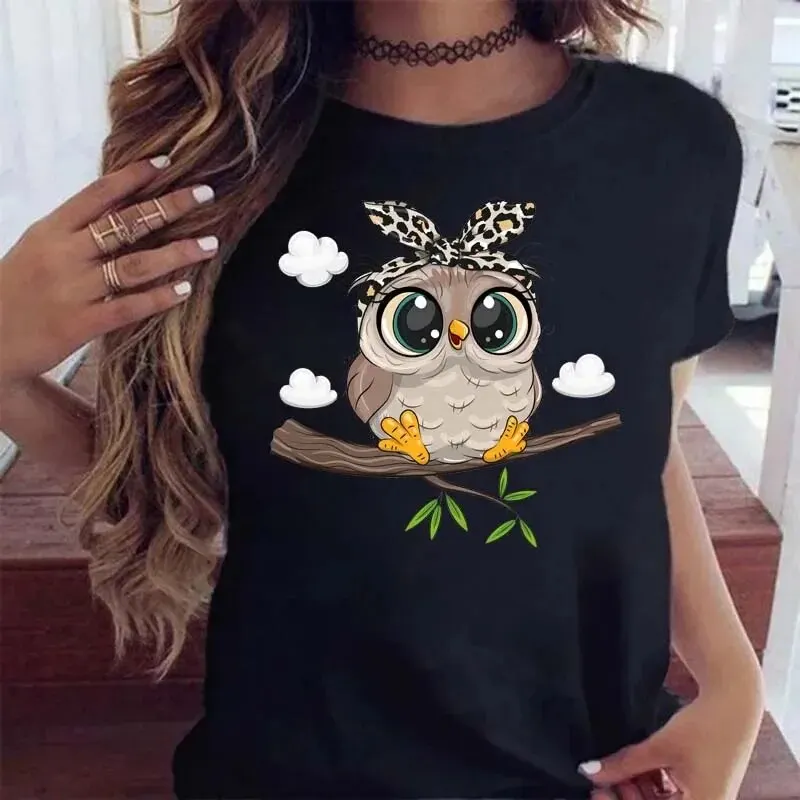 Camiseta con estampado de búho de dibujos animados para mujer, Camisetas estampadas Kawaii, camiseta informal de manga corta negra para mujer, camisetas Harajuku con cuello redondo