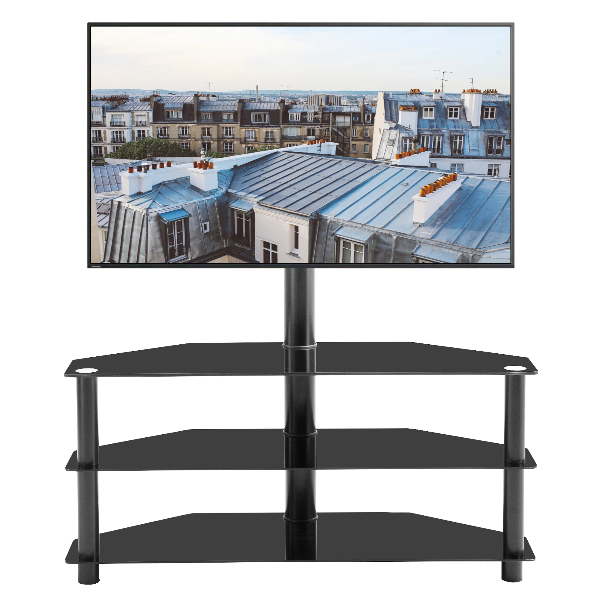

Adjustable Height 3-Tier Floor TV Stand Multi-function TV Bracket Swivel Tempered Glass Metal Frame