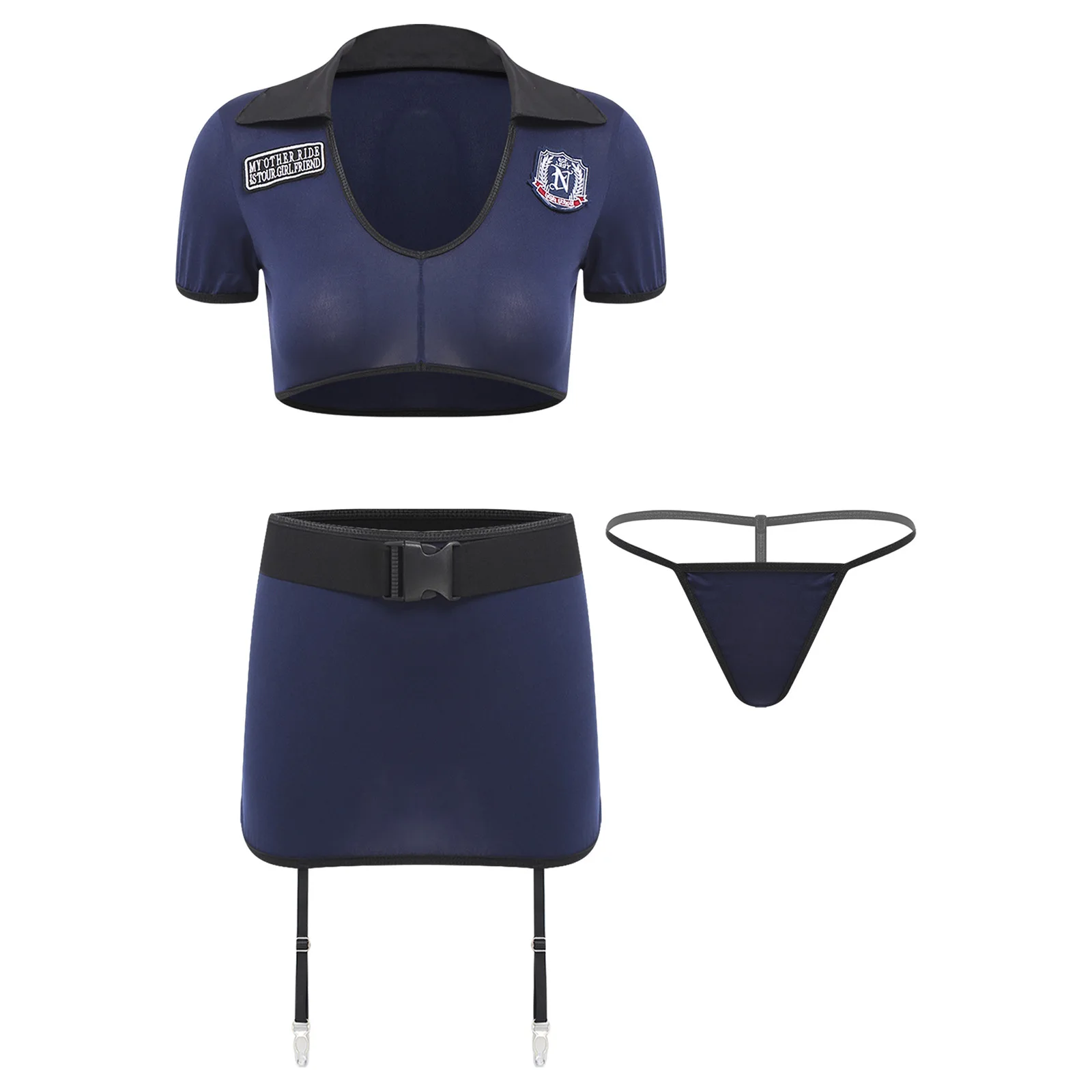 Women Sexy Policewoman Cosplay Lingerie Set Dirty Cop Uniform Sheer Crop Top Miniskirt with Garters Clip Thongs for Couple Games