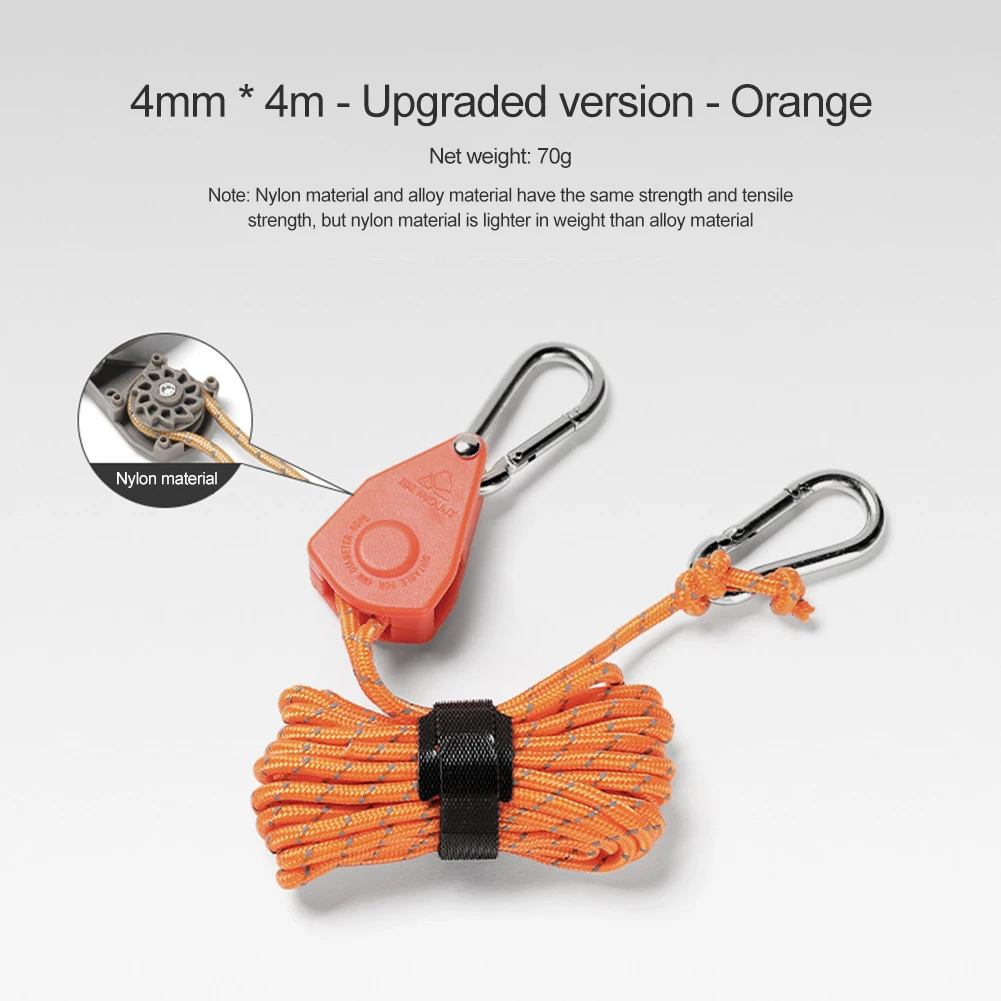 4M Camping Tent Tie Down Fastener Rope Adjustable Parachute Nylon Cord Awning Rope Ratchet Hanger Pulley Hook Tightening Strap