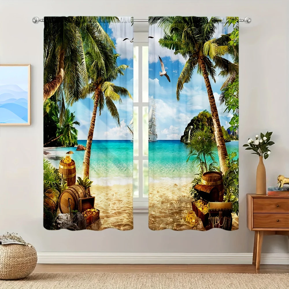 Description Picture 6 of item2pcs Beach Scenery Printed Curtain for Home Decor - Rod Pocket Window Treatment for Bedroom,Office,Kitchen,Living Room,and Study