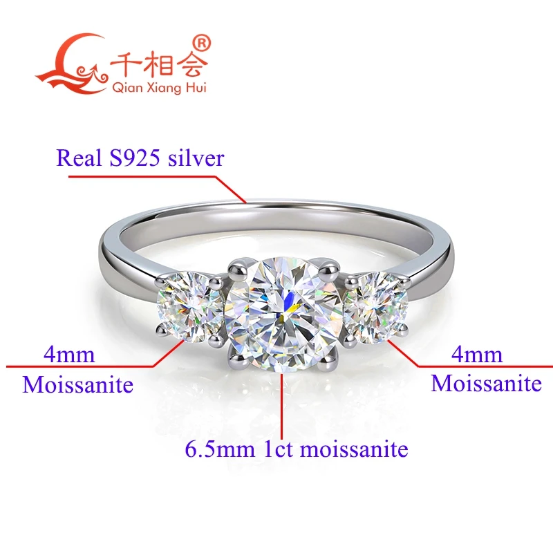 1ct 6.5mm with 5mm  three stone 925 Silver ring D VVS white moissanite eternity band rings jewelry gift wemon wedding