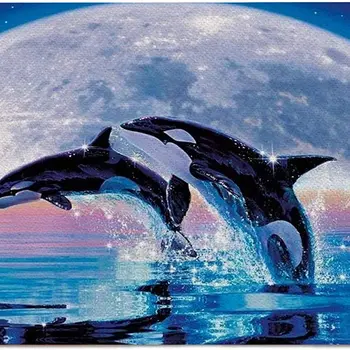 Killer Whales Placemats Set of 4, Killer Whales Jump Out of Ocean with Full Moon Placemats Heat Resistant for Dining Table